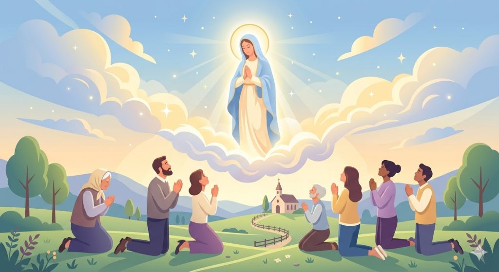 Primer Día: Aparición y Llamado a la Oración - una figura luminosa mariana apareciendo en el cielo a un grupo de personas arrodilladas orando
